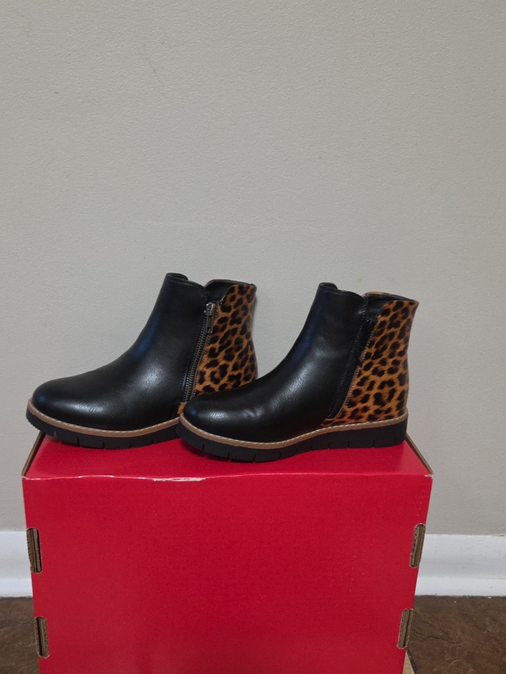 Women's Black Ankle Booties with Leopard Heel Panel